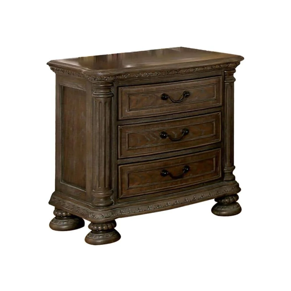 Traditional Rustic Natural Solid wood 1pc Nightstand Bronze Hanging Pull Bedroom Bedside Table w 3-Drawers