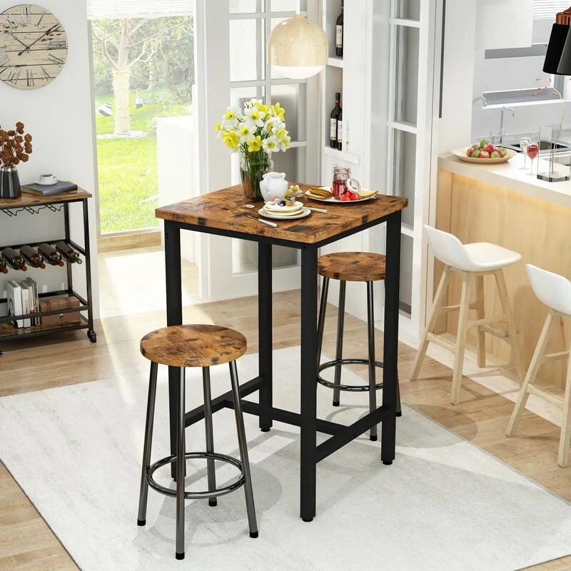 3 Piece Dining Table Set, Modern Square Bar Table and 2 Round Stools, Kitchen Counter Height Table Set