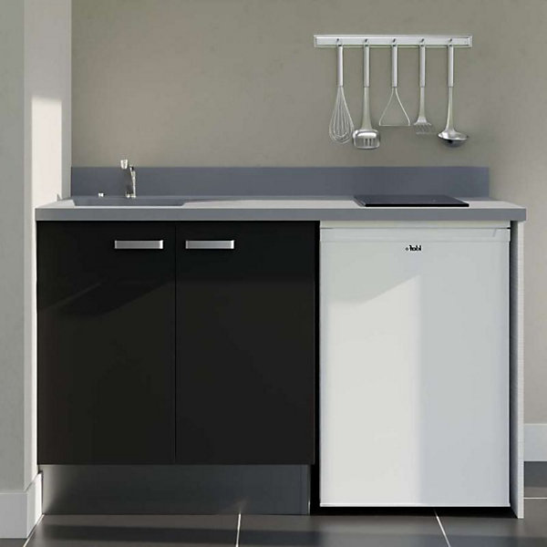 Kitchenette K17 - 140 cm - façades Noir - Plan monobloc en quartz coloris Cromo évier à gauche