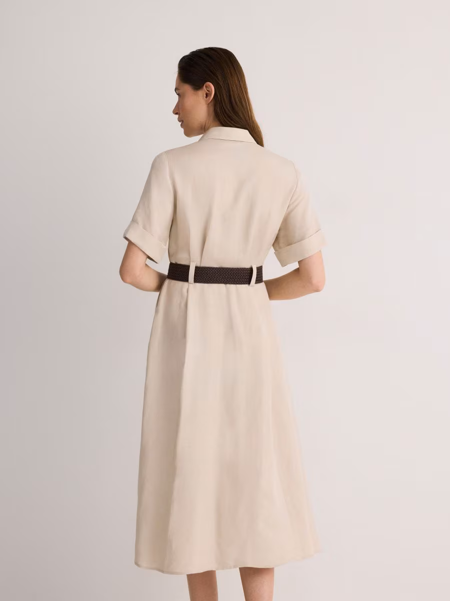Linen Blend Midi Dress With Wattled Belt