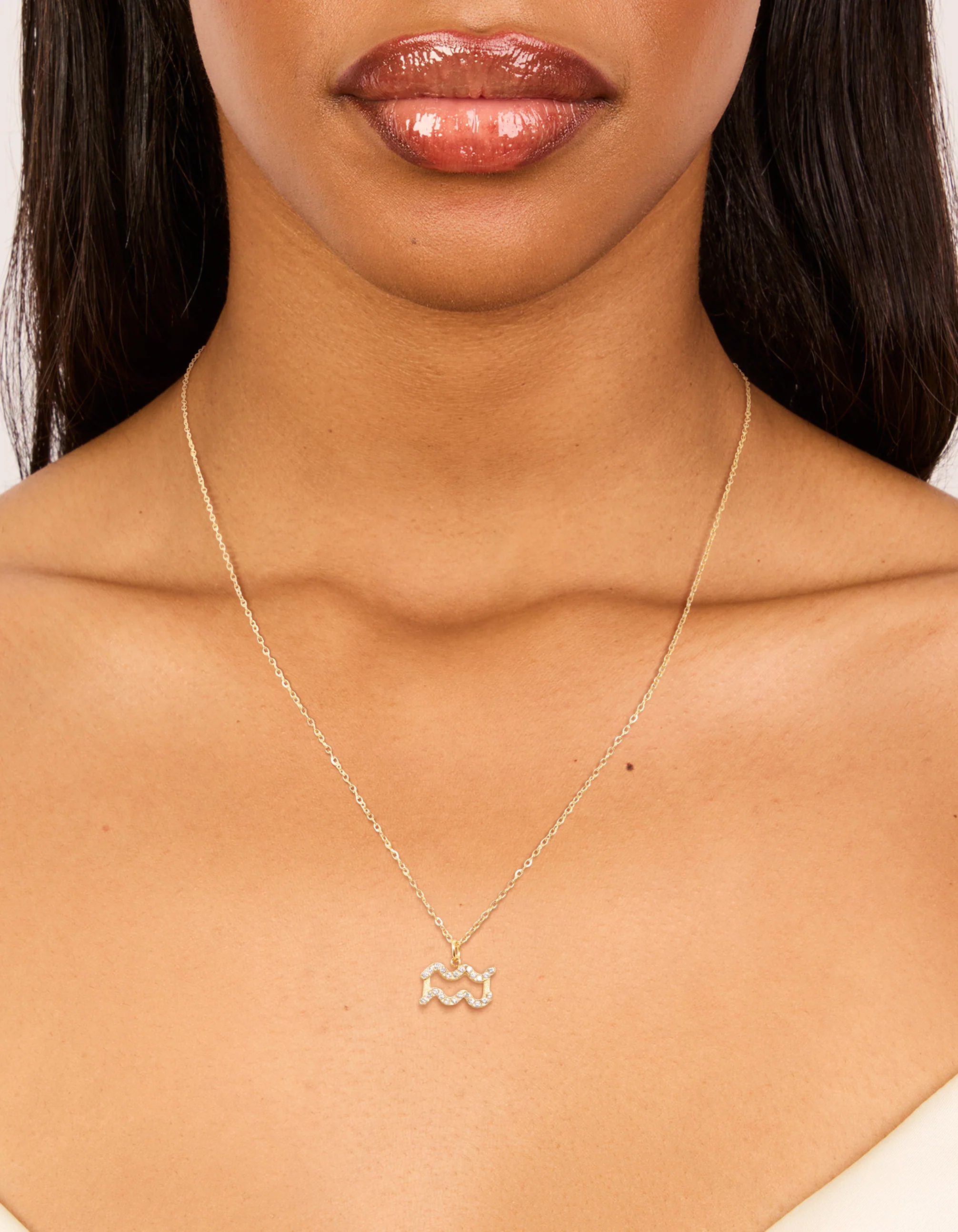 Waterproof Gold Plated Stainless Steel Cubic Zirconia Aquarius Zodiac Sign Necklace