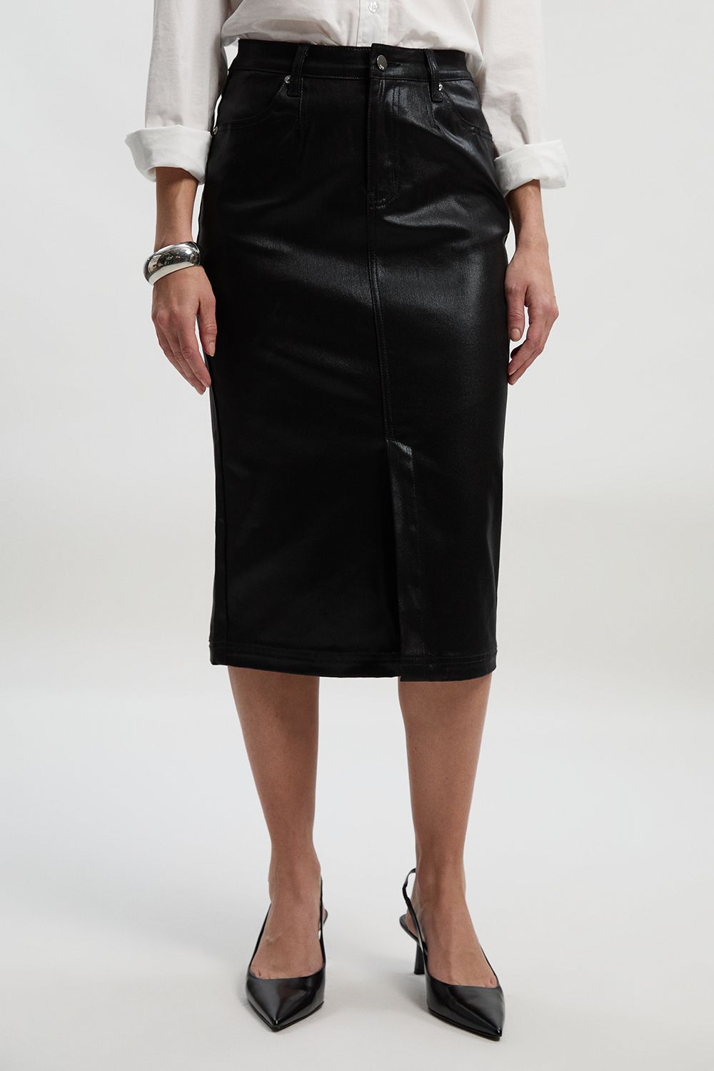 KarenMillen Metallic Coated Denim Pencil Midi Skirt