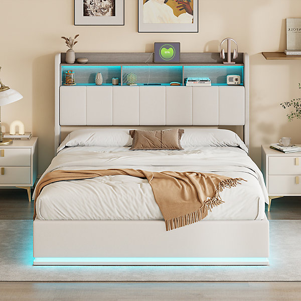 lit 160x200cm avec éclairage LED, Lit Coffre avec Sommier à Lattes, Prises, USB et Type-C, Velours