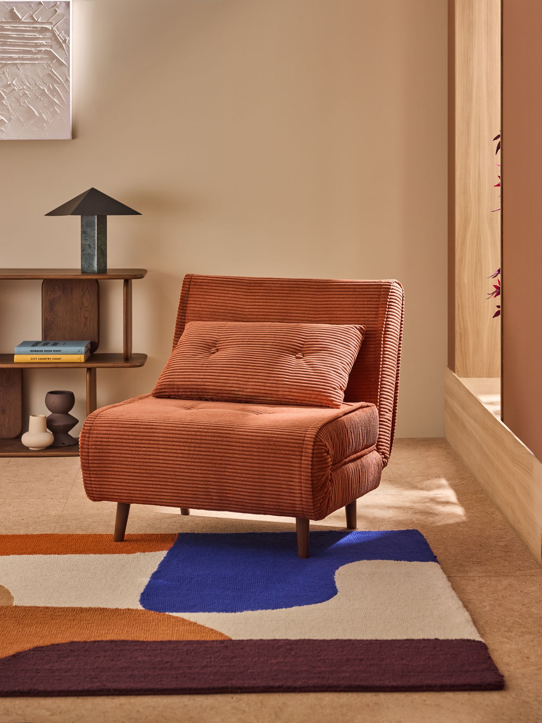 Haru Single 1 Seater Sofa Bed in Nutmeg Orange Corduroy