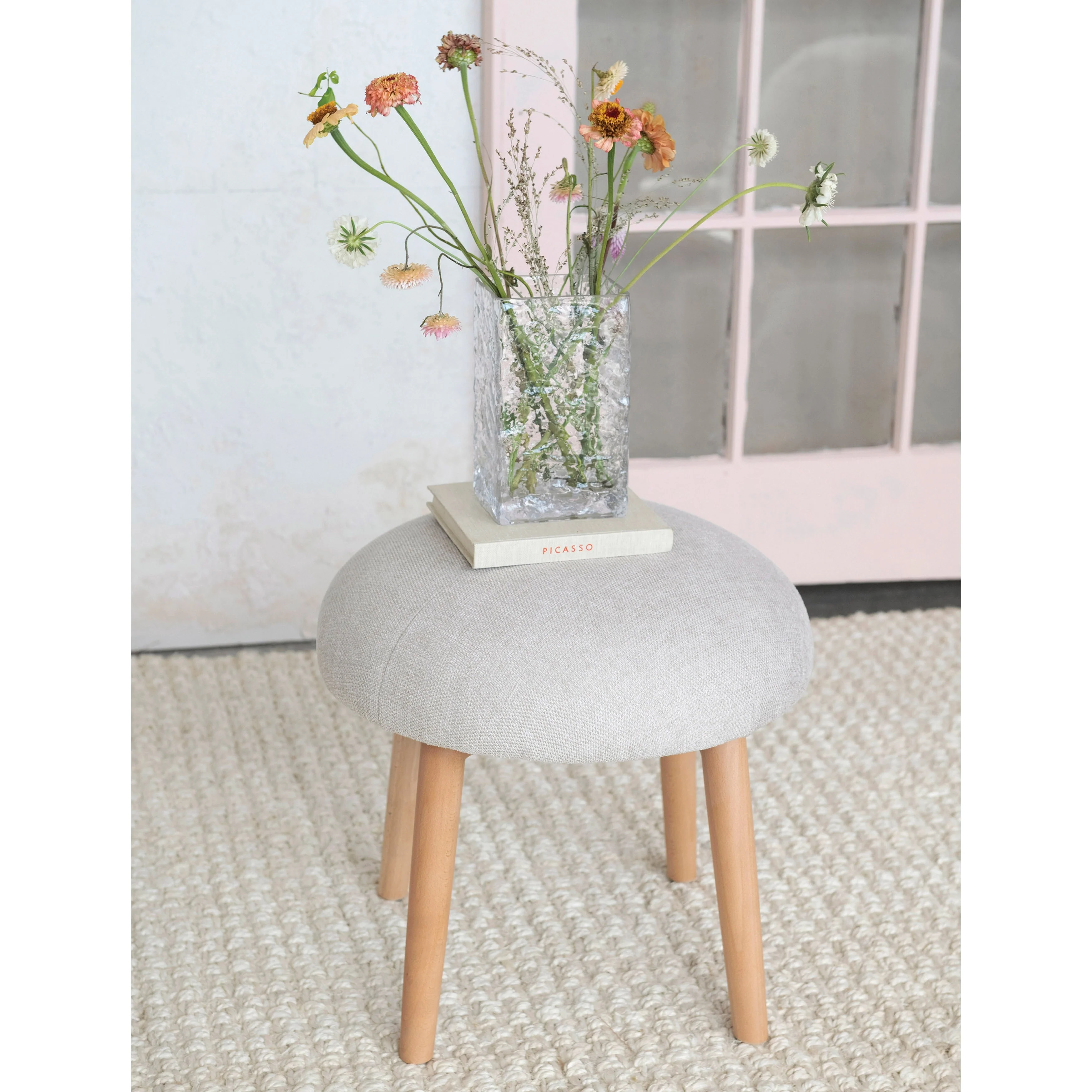 Tufted Fabric Upholstered Stool with Beech Wood Legs
