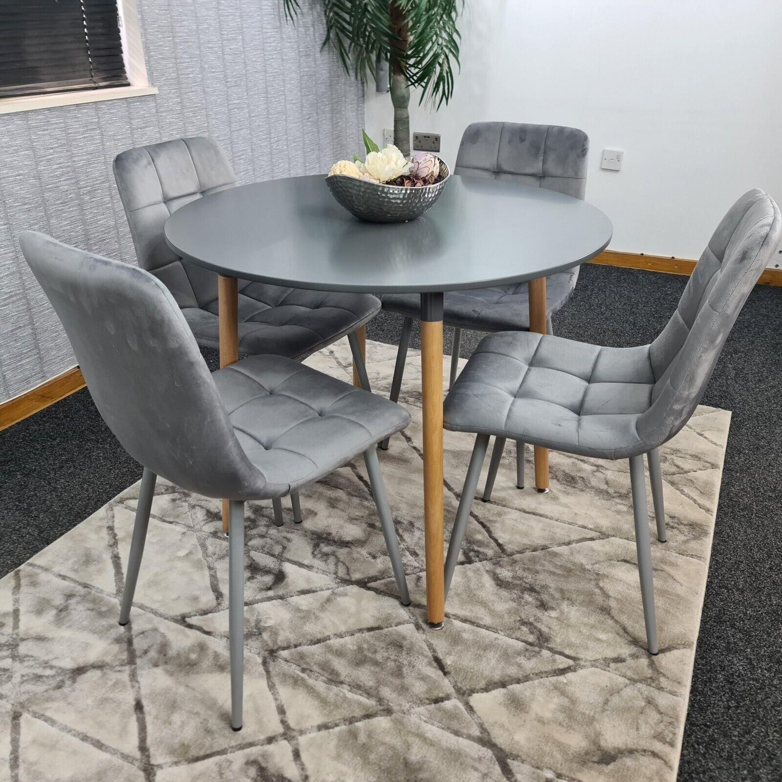 KOSY KOALA Dining Table And 4 Chairs Grey Round Table With 4 Grey Velvet Chairs Dining Room Furniture