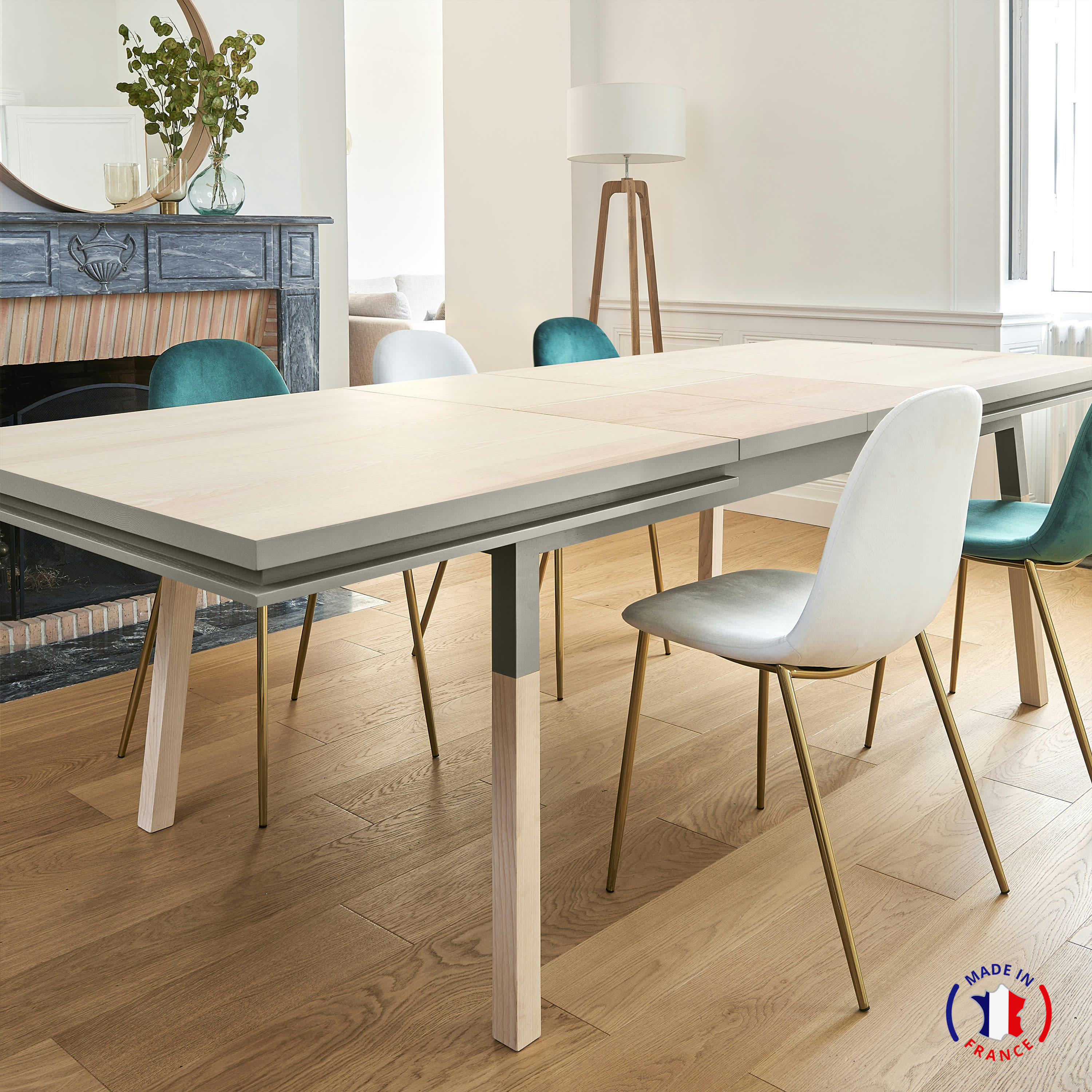 EGEE - Table 220x120 cm en frêne massif, 2 rallonges gris muscade