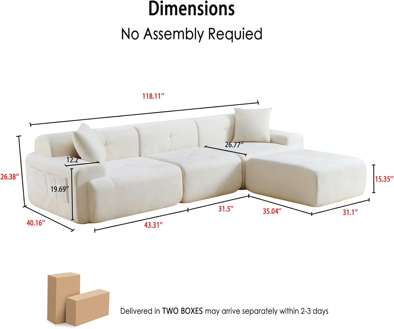 LIDYUK 118 Modern L-Shaped Boneless Couch Modular Sectional Sofa for Living Room, Chenille Upholstery Beige, Oversized 3-Seater Sectional Couch with Deep Seat and Movable Ottoman, No Assembly