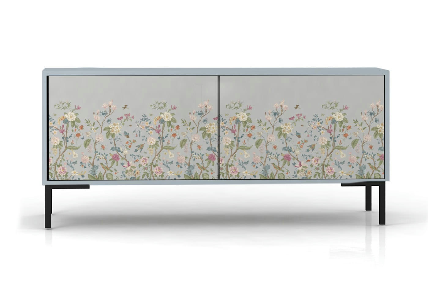 TELMA - Meuble TV 2 portes laqué MDF imprimé floral gris