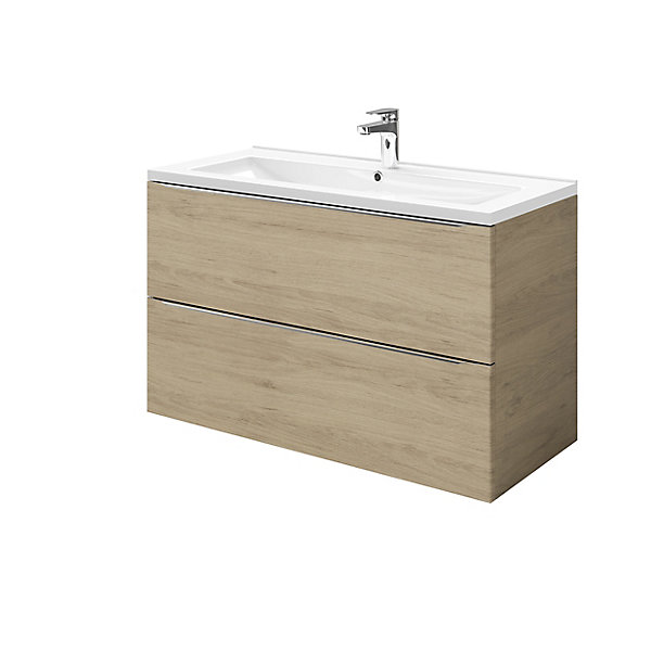 Meuble vasque suspendu effet chêne l.100 cm Imandra   plan vasque blanc céramique Nira, GoodHome