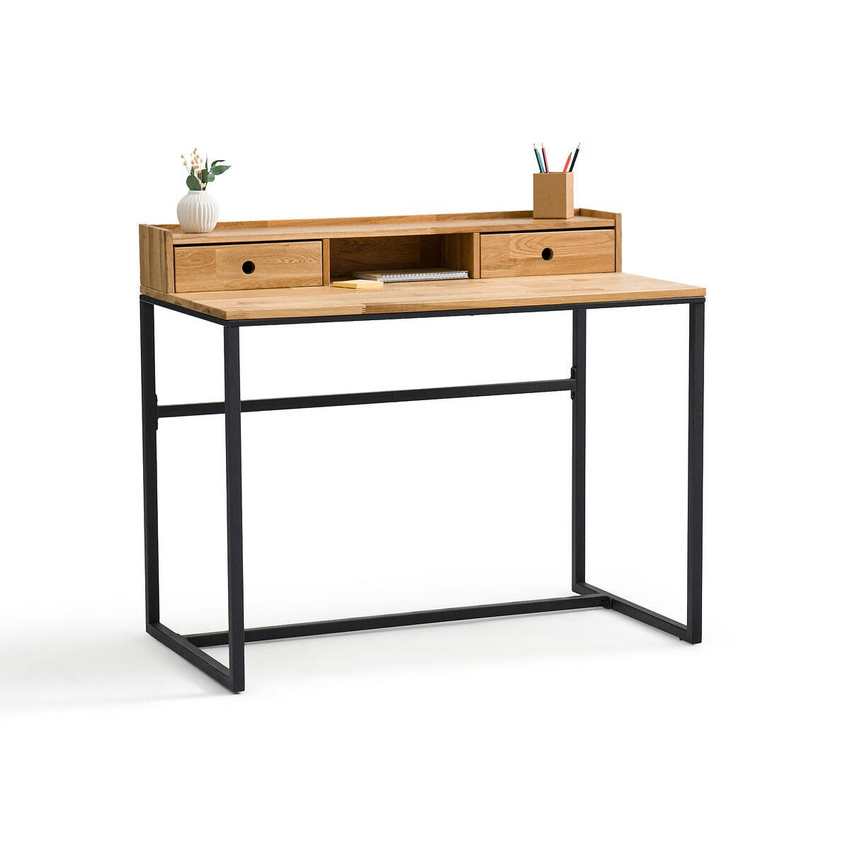 Bureau chêne et métal, avec petite réhausse, Hiba