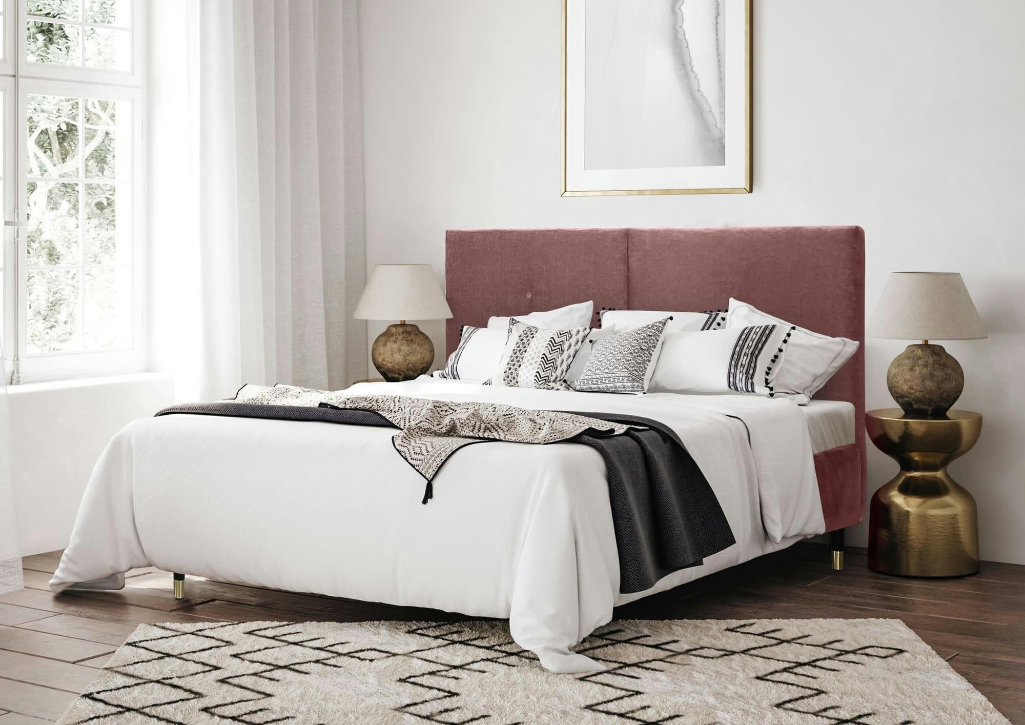 TRISTAN - Lit avec matelas 2 places  en velours vieux rose 160x200