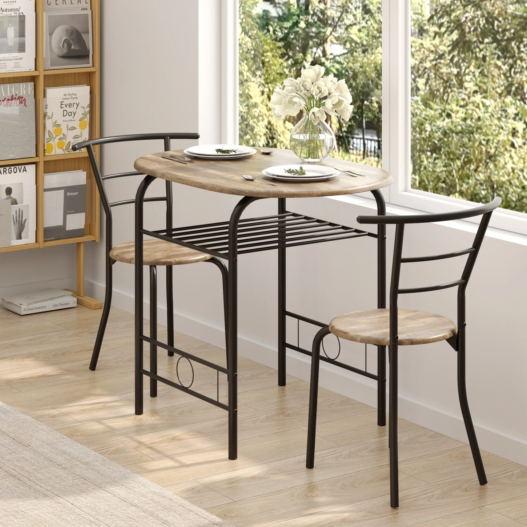3-Piece Dining Set for 2, Compact Round Table with Chairs and Built-in Wine Rack, Perfect for Small Spaces