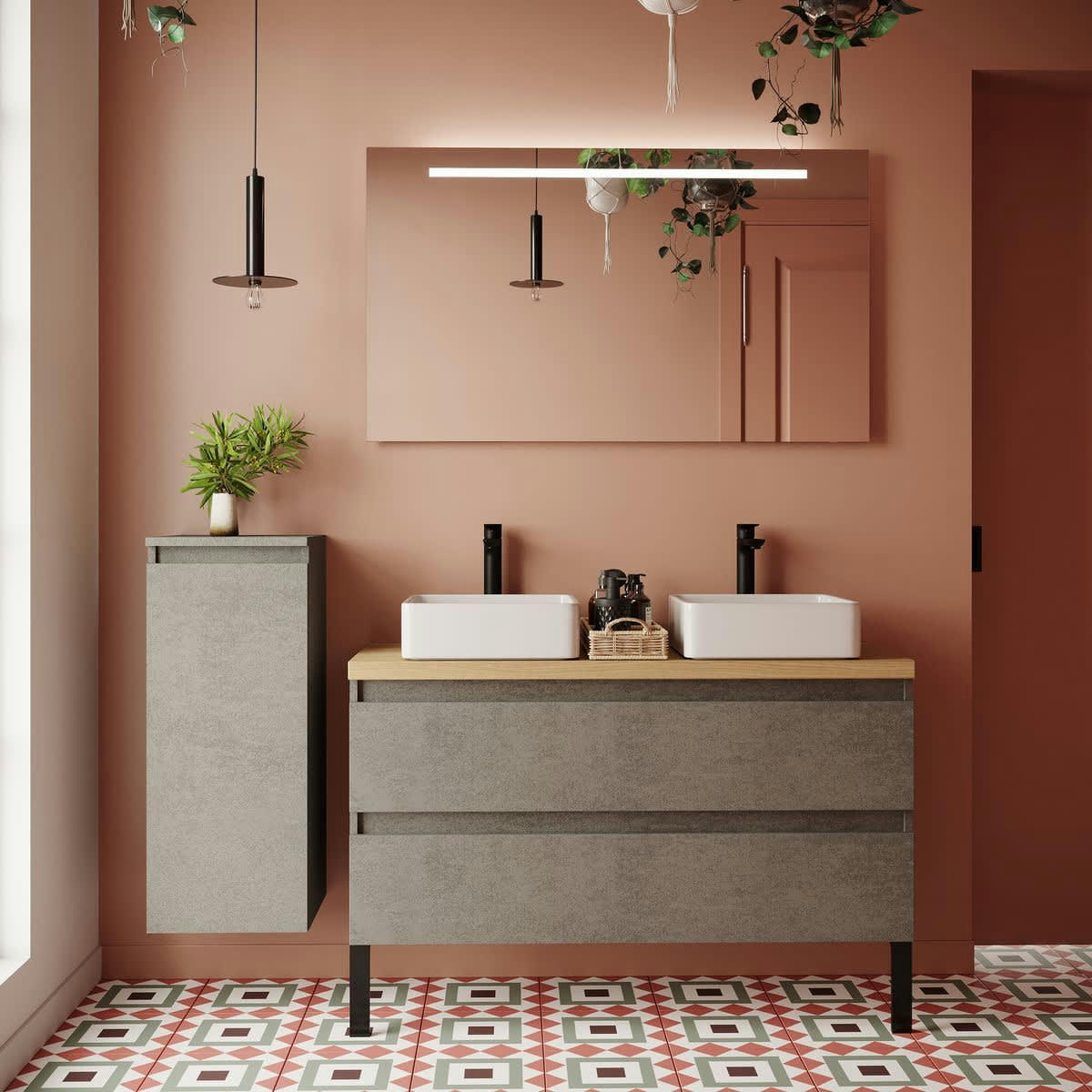 HUDSON - Meuble salle de bain 2 vasques posées 120cm 2 tiroirs Béton