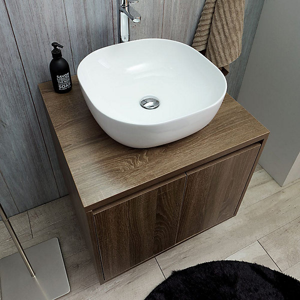 Meuble De Salle De Bain Suspendu Noyer 60Cm Avec 2 Portes, Lavabo À Poser, Miroir Led - Sienne