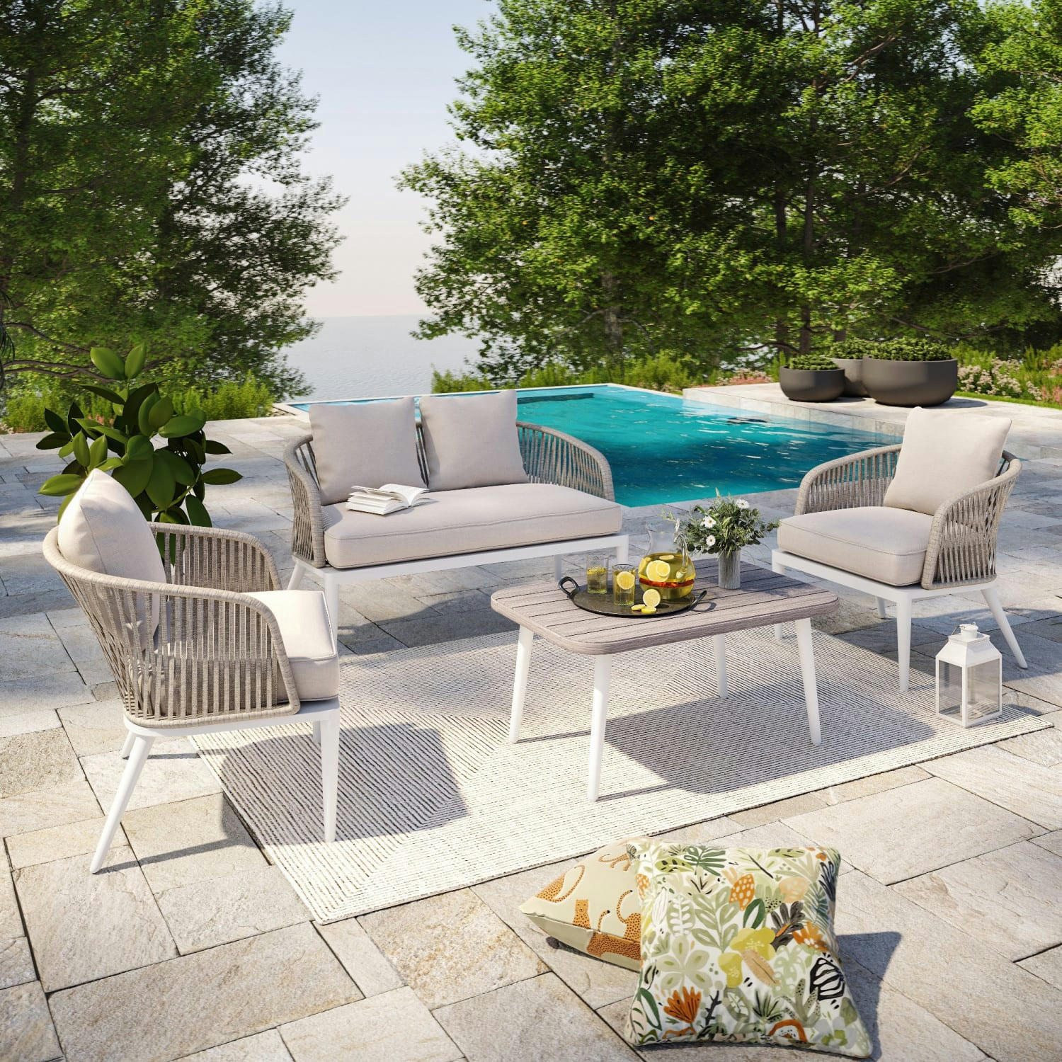 CARMEN - Salon de jardin 4 places blanc et gris crème en cordes