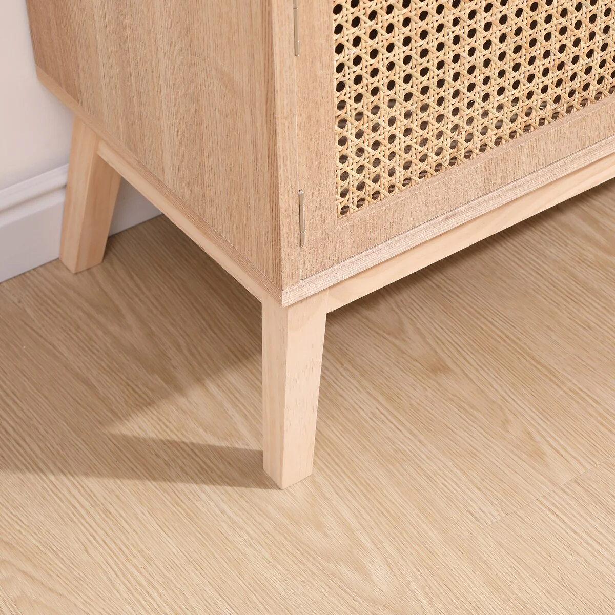 Rattan TV Stand for 55 Inch TV, Entertainment Center with Adjustable Shelf and 2 Cabinets, Solid Wood Feet, 2 Cord Holes