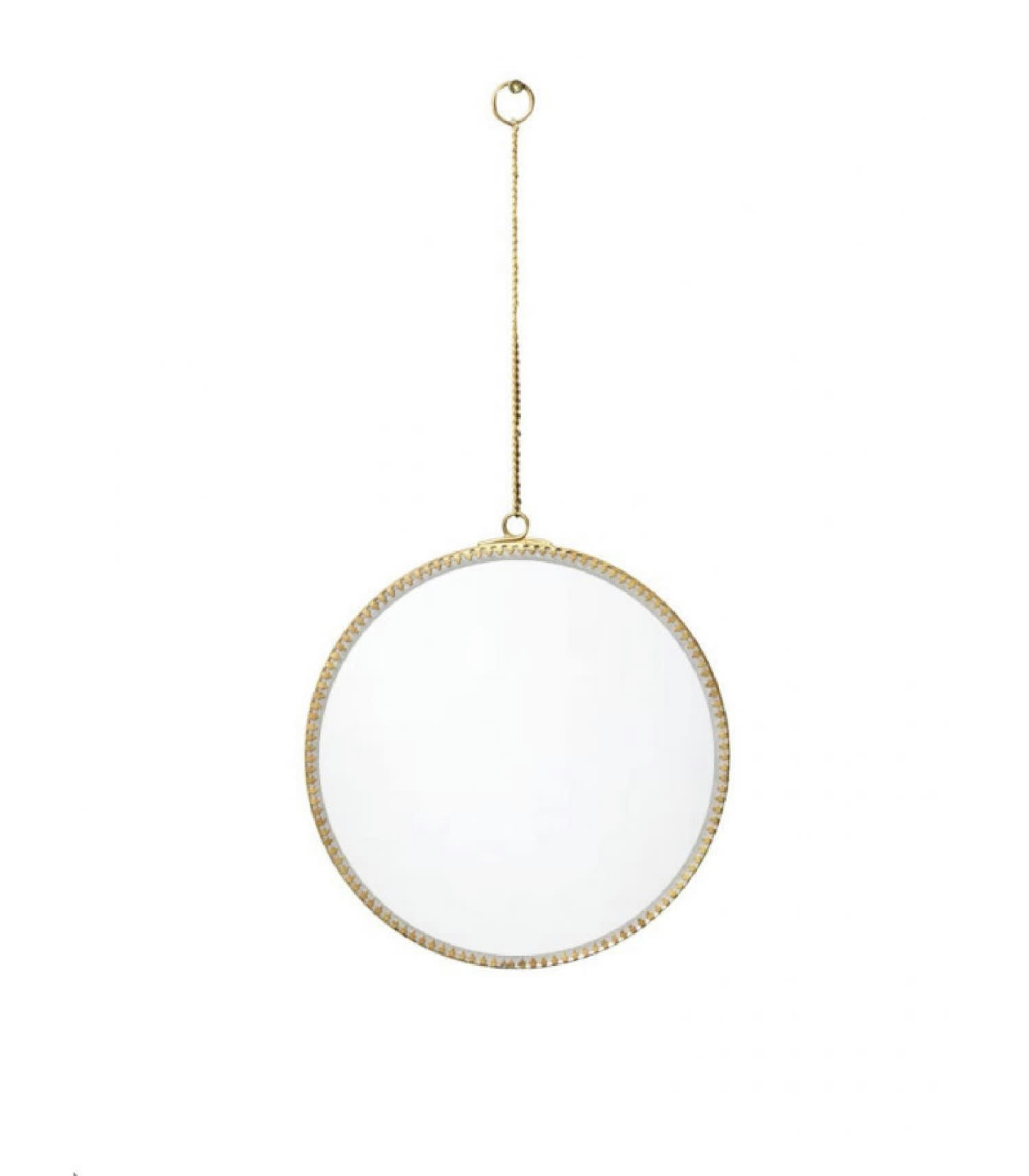 OR - Miroir rond doré à bords festonnés suspendu chaînette