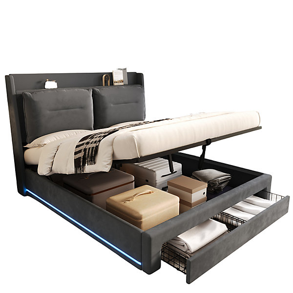 Lit rembourré hydraulique 180x200cm, tiroirs de rangement, avec sommier à lattes, sans matelas, velours, gris foncé