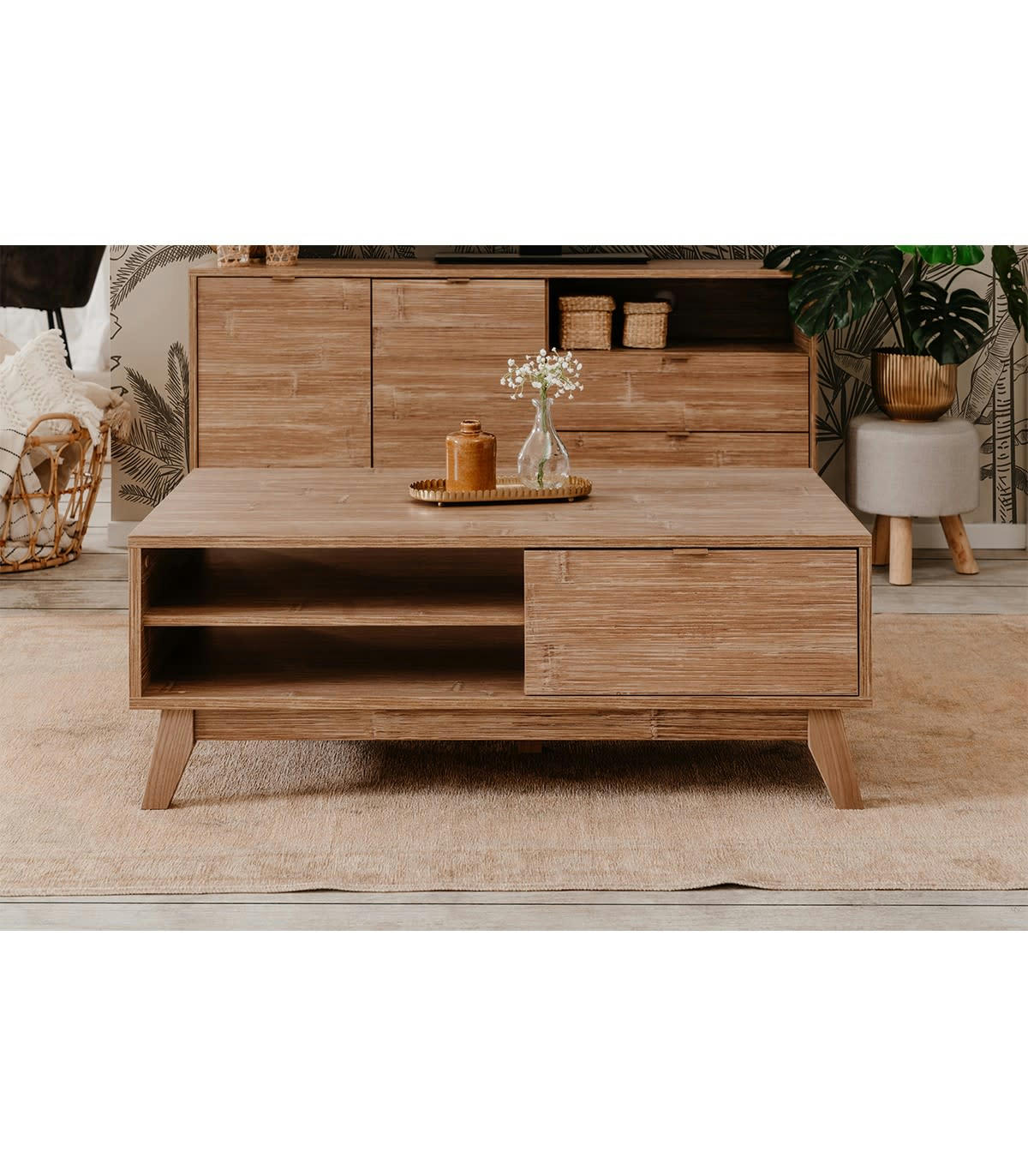 BUDAPEST - Table basse 2 tiroirs et 2 niches effet bois - L108 x H41 cm