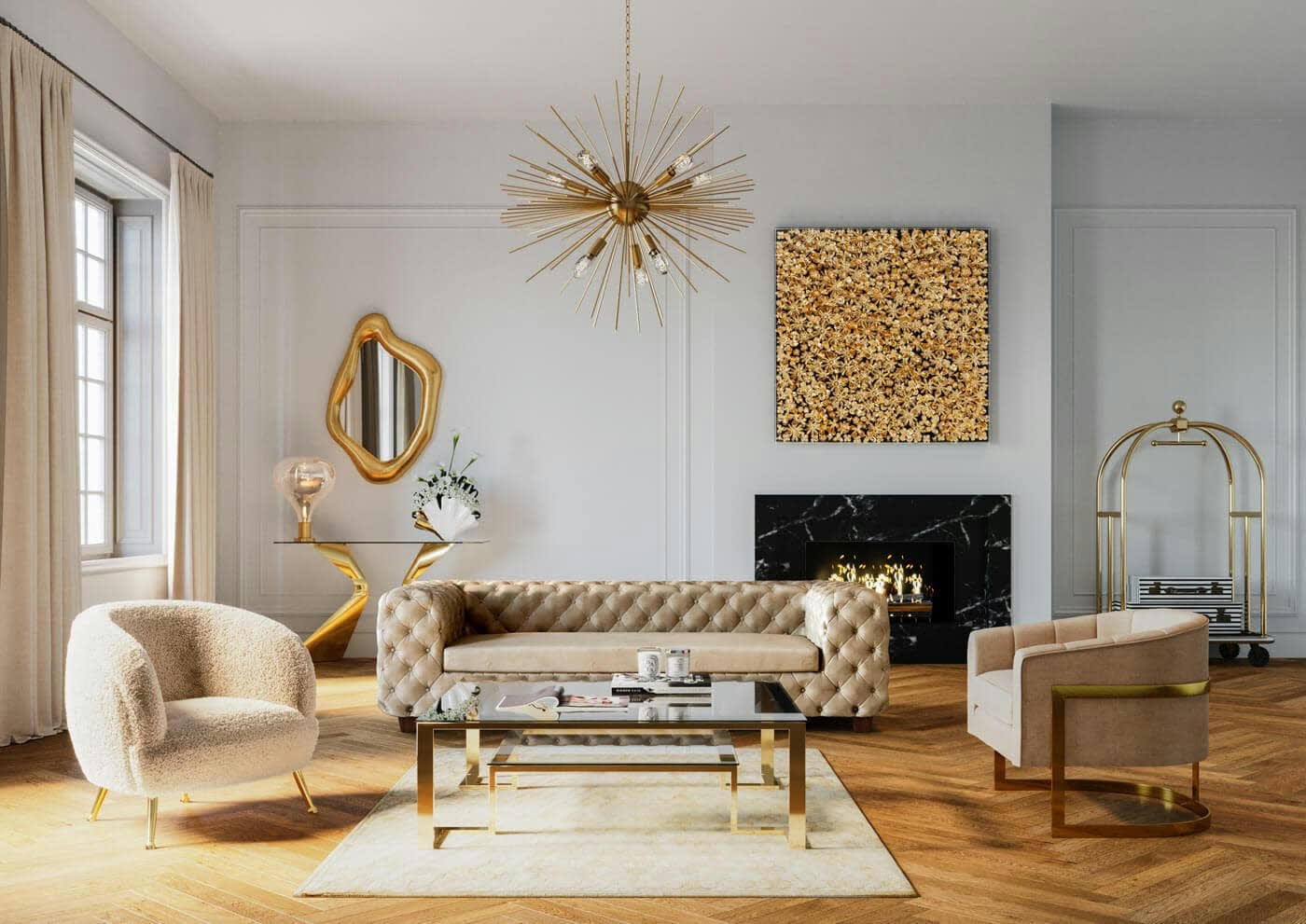 FLEURS DORÉES - Tableau fleurs dorées en relief sous vitre 120x120