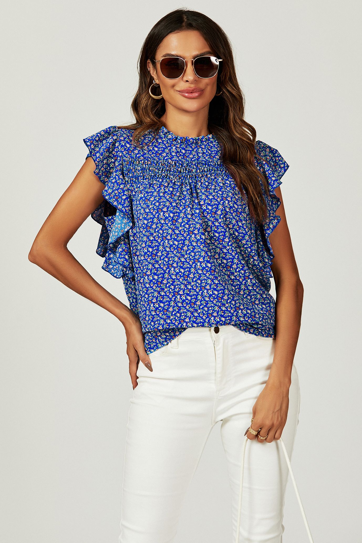 FS Collection Floral Print Frill Hem Short Sleeve Blouse Top In Blue