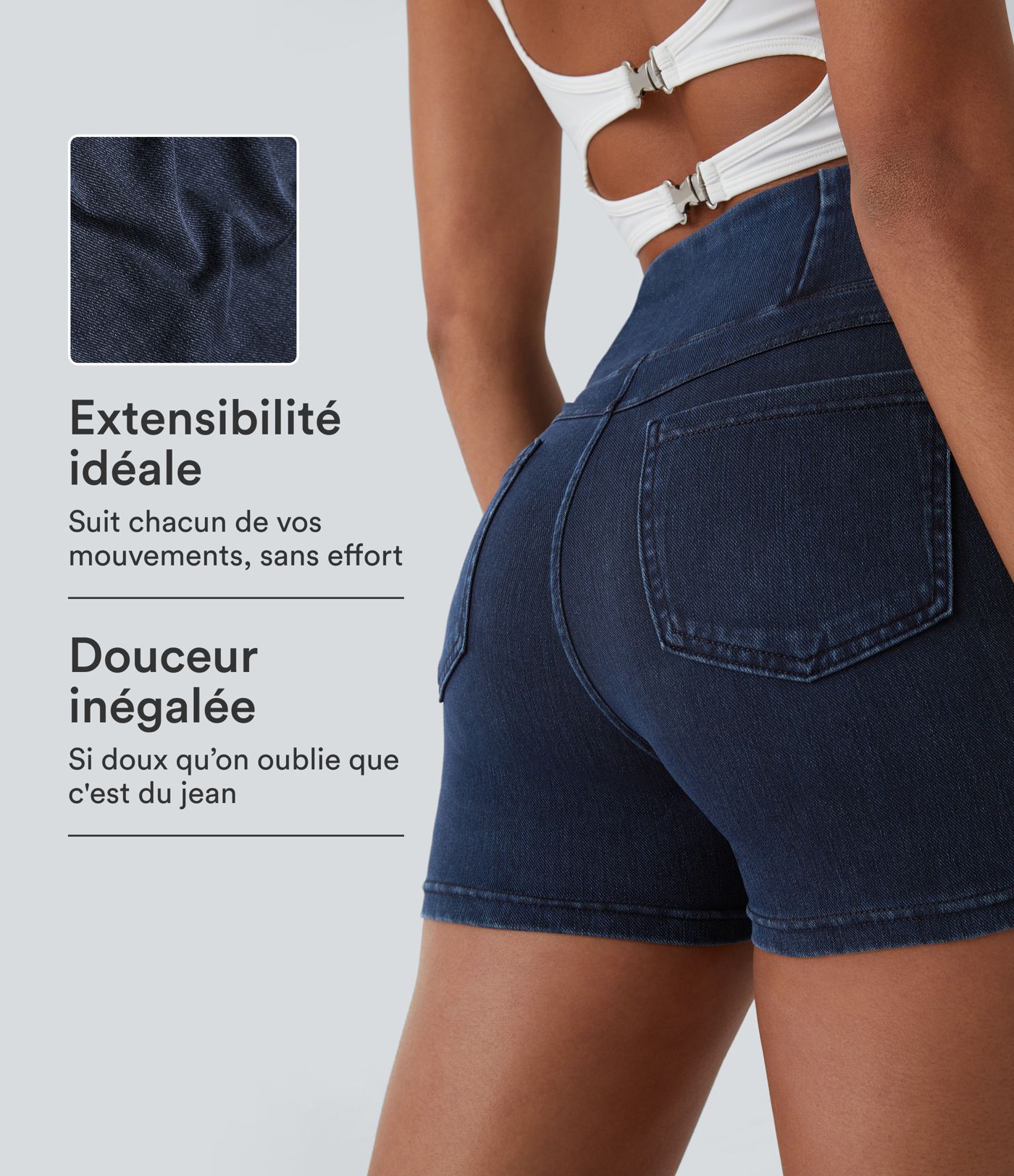 Halara Flex™ Shorts 7,5cm Denim Casual Taille Haute Poches Latérales Croisées en Maille Extensible