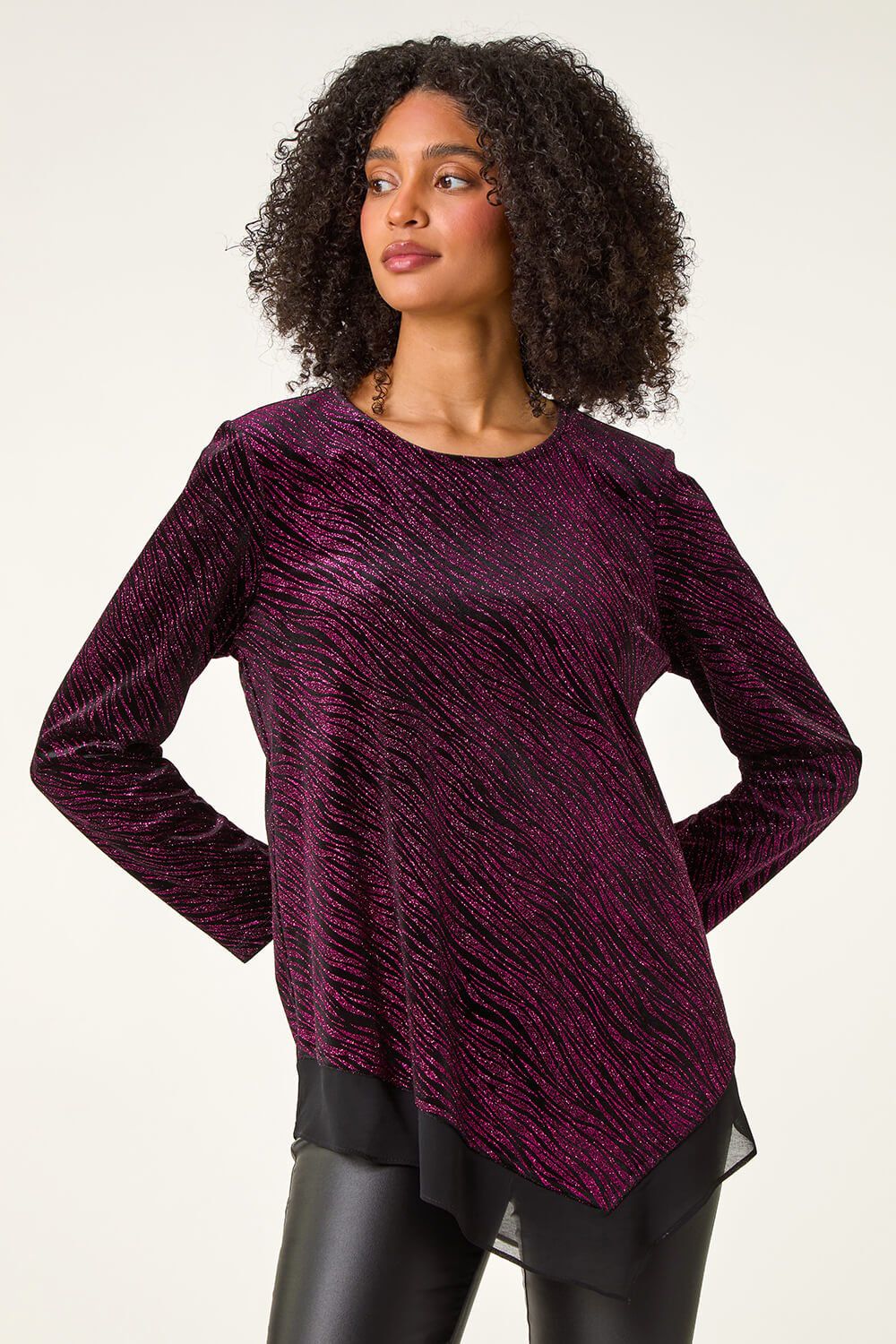 Roman Animal Print Chiffon Hem Stretch Tunic Top