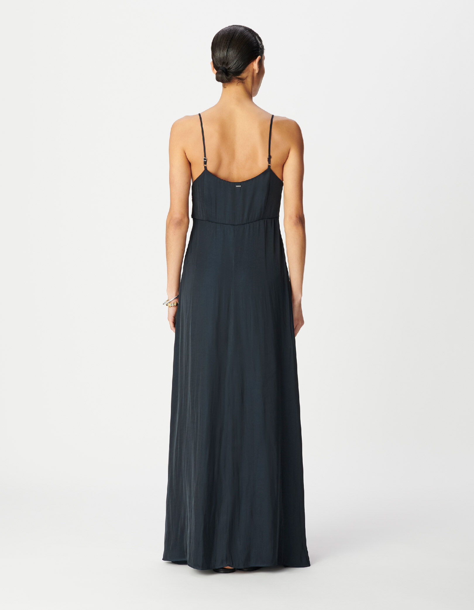 Robe longue marine fines bretelles détails boutons Femme