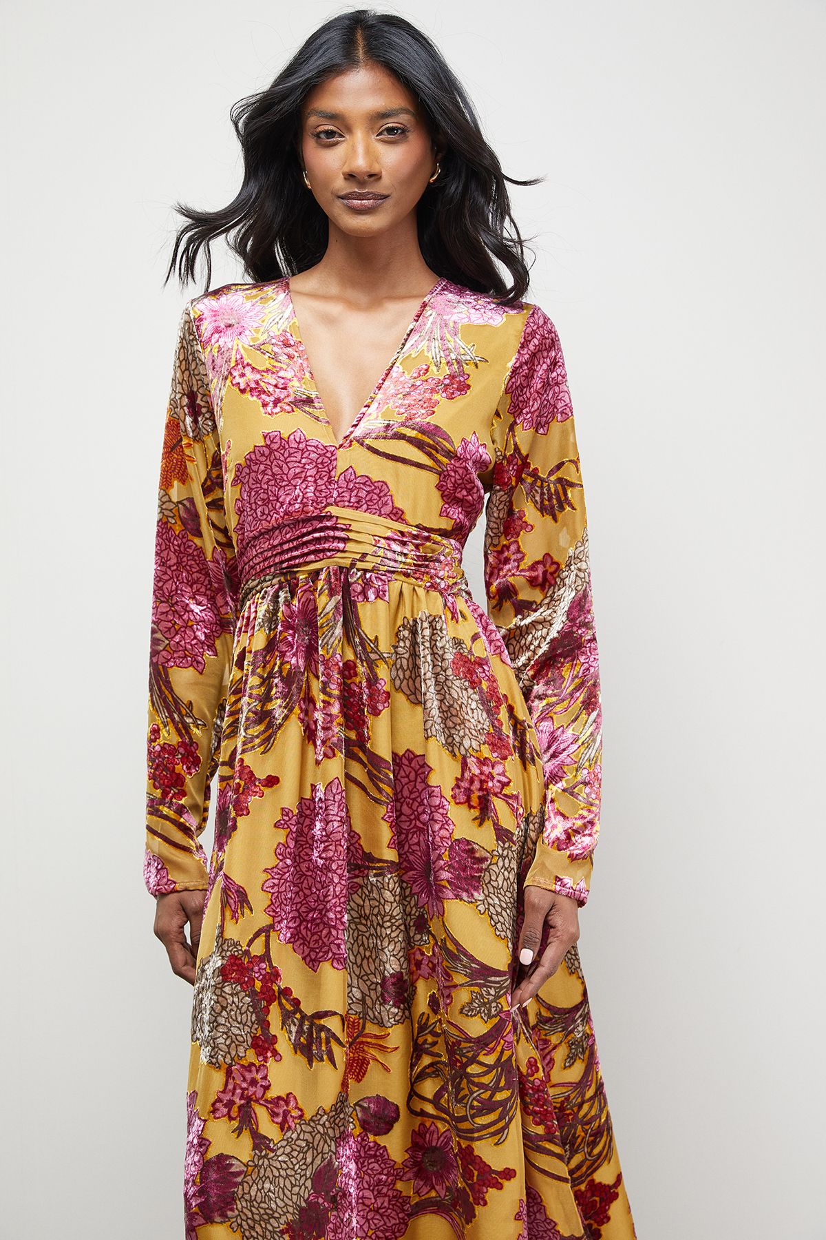 Warehouse Burnout Velvet Plunge Neck Waisted Midi Dress
