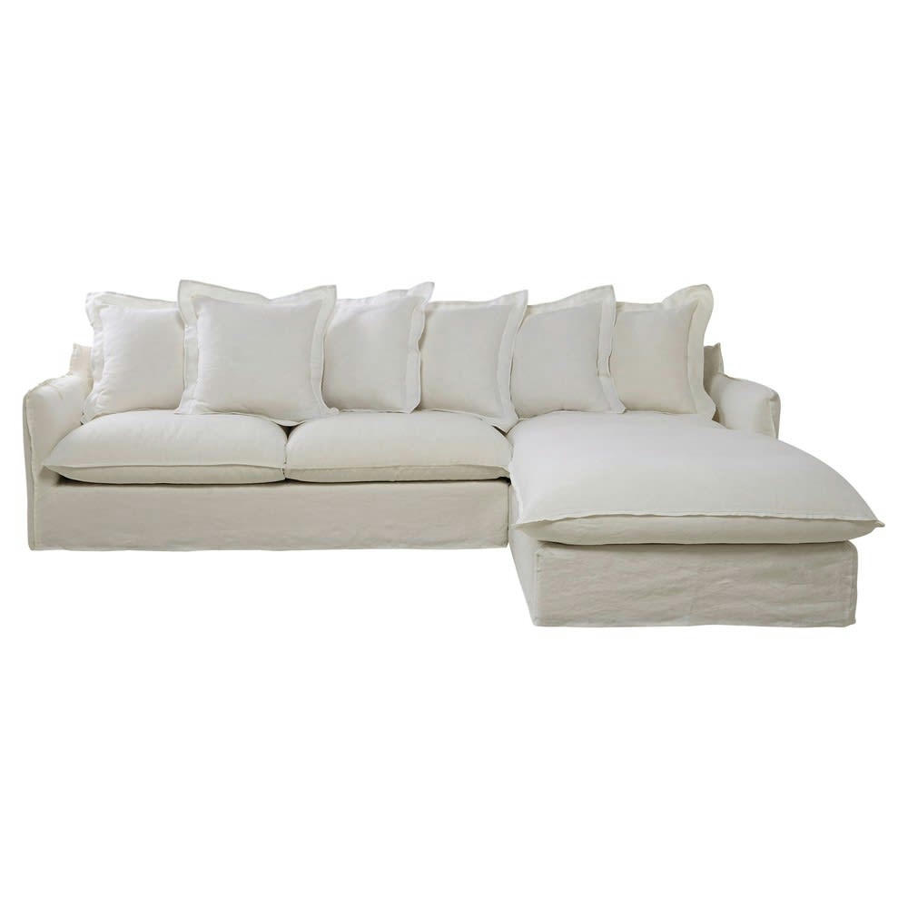 Barcelone - Canapé d'angle droit 6 places en lin lavé blanc