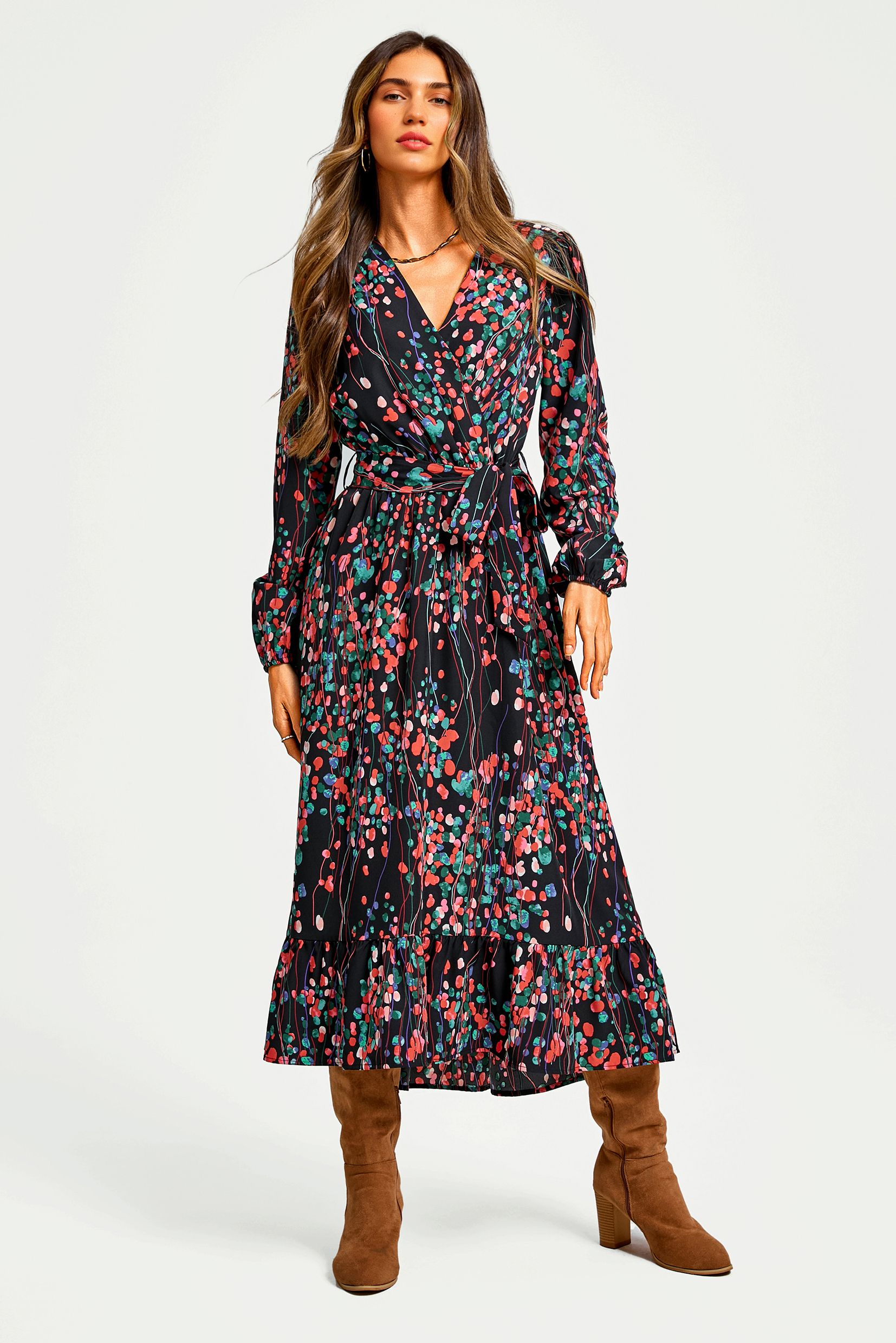 FS Collection Abstract Floral Print Long Sleeve V Neck Wrap Top Midi Dress In Black