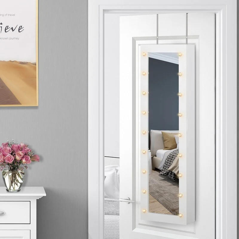 Jewelry Armoire with Mirror,3 Mountable Heights and 18 LED Lights,Wall-Mounted/Over-The-Door Cabinet