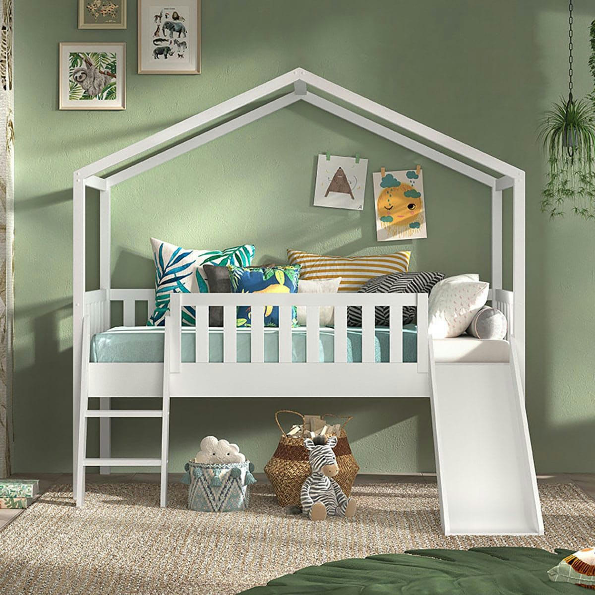 ARKAN - Lit  cabane surélevé 90x200cm pin blanc avec toboggan