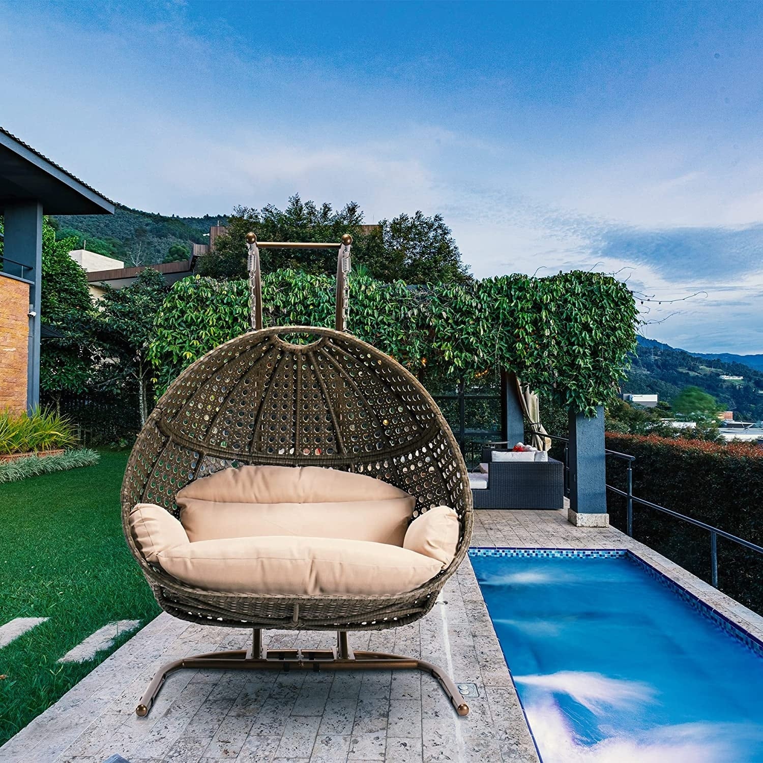 Charcoal Wicker Hanging Double-Seat Swing Chair with Stand & Cushion