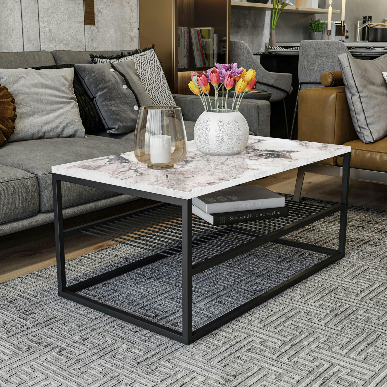 - Table basse en panneaux de particules et acier avec 1 étagère blanc
