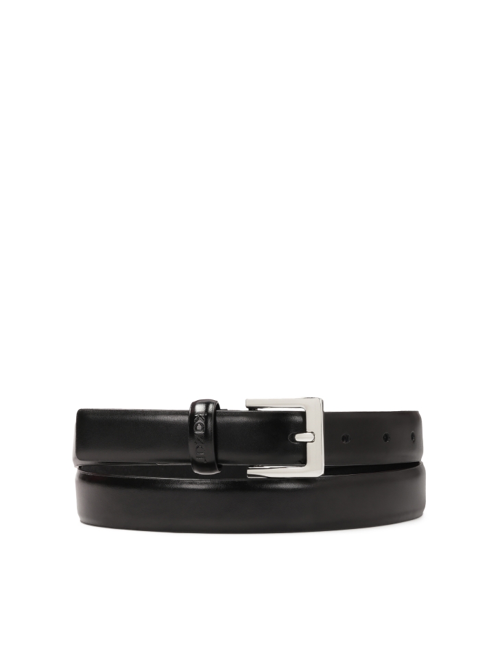 Black leather belt with logoed loop and silver buckle