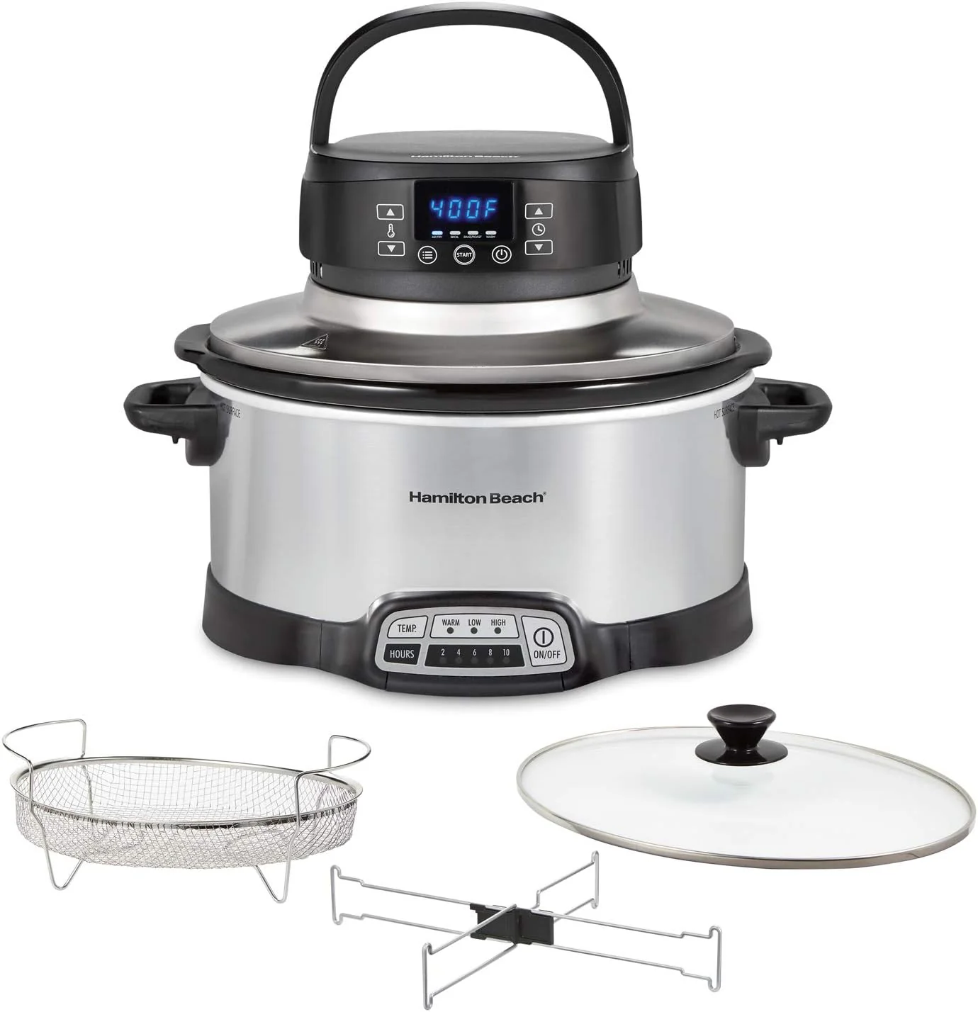 Pan-style slow cooker (for frying and sautéing), 6-liter capacity, slow cooking function, silver appearance(2-in-1 Slow Cooker/Air Fryer)