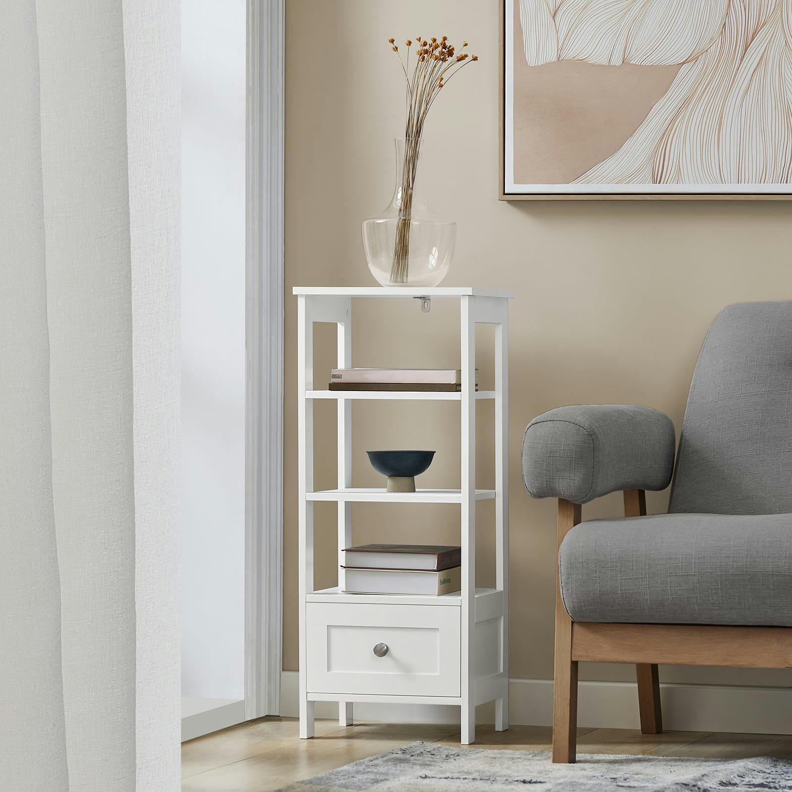 - Table d’appoint en 3 niveaux avec 1 tiroir effet bois blanc