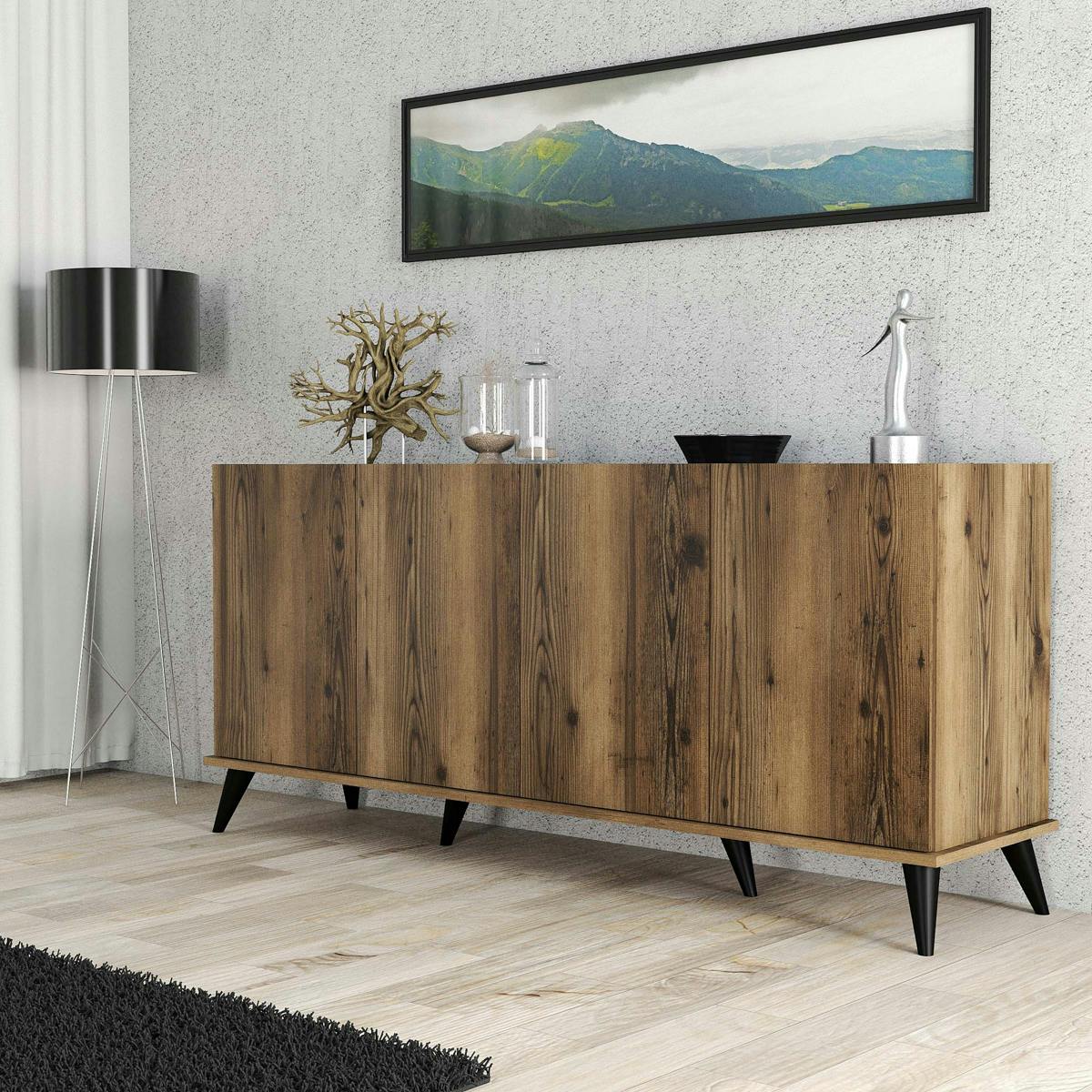 Buffet moderne 4 portes effet noyer et marbre noir UMEA