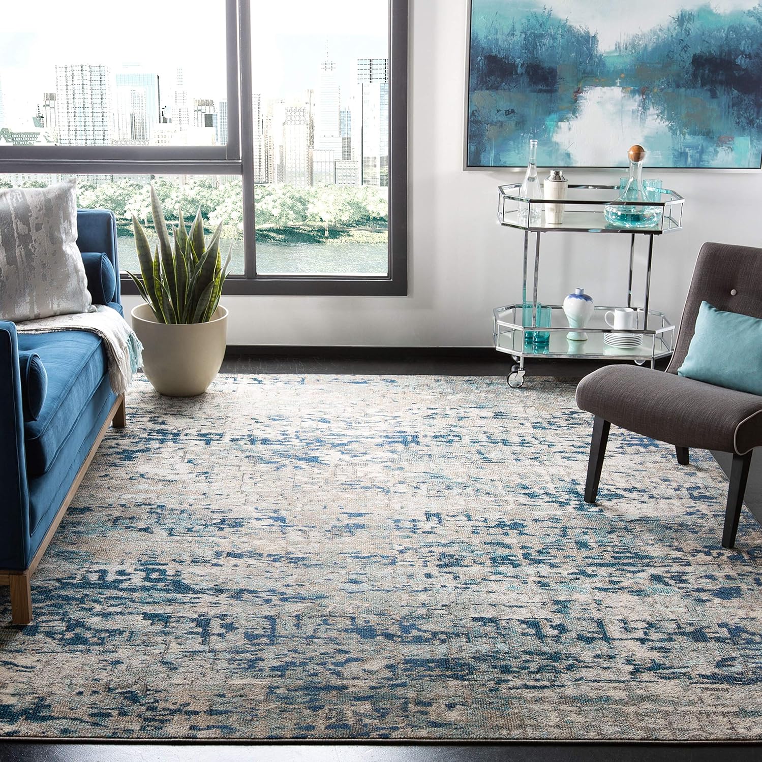 SAFAVIEH Madison Collection Area Rug - 12' Square, Grey & Blue, Modern Abstract Design, Non-Shedding & Easy Care, Ideal for High Traffic Areas in Living Room, Bedroom (MAD460K)