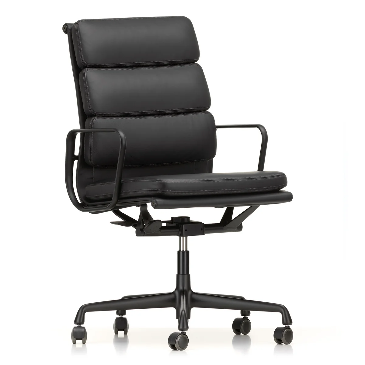 Vitra - EA 219 Soft Pad Bürostuhl beschichtet tiefschwarz mit Armlehnen, Leder Premium F nero (Hartbodenrollen)