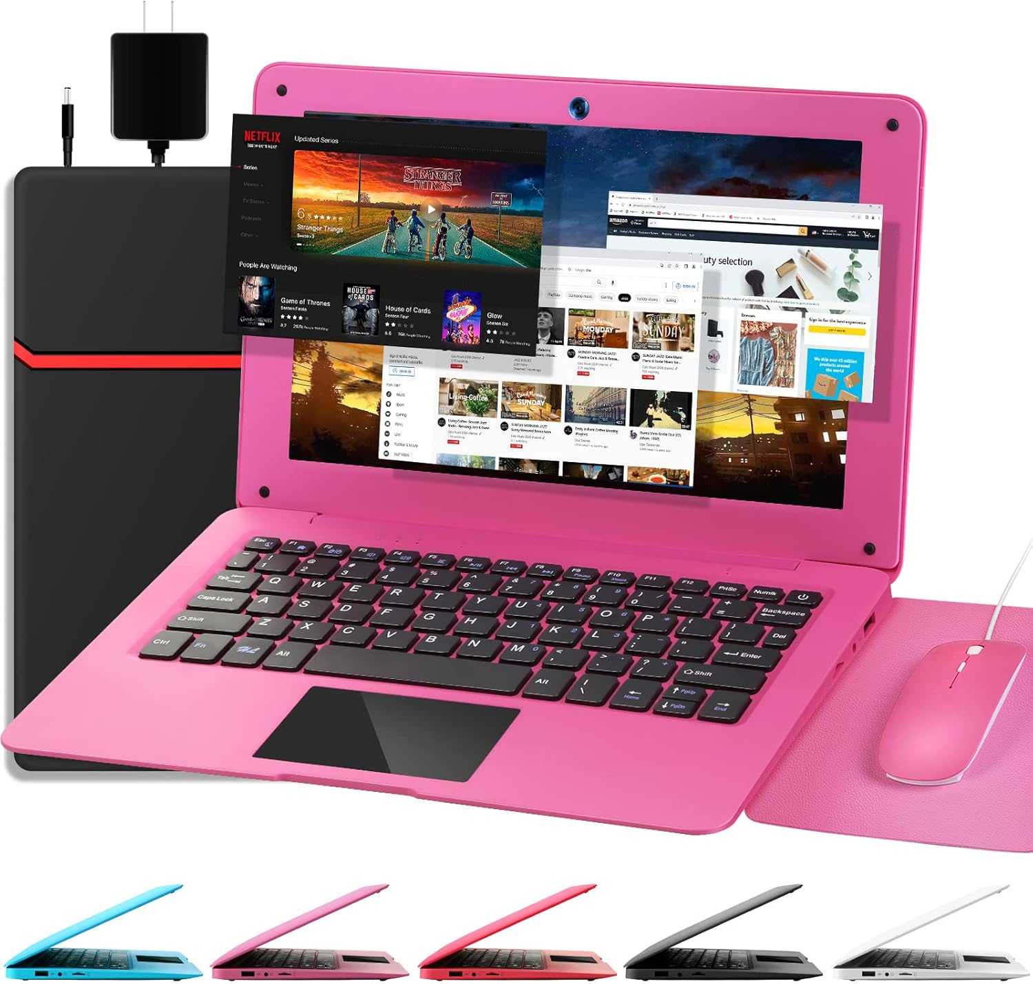 G-Anica Laptop Computer(10.1 inch), Quad Core Powered by Android 12.0, Netbook Computer with WiFi, Webcam and Bluetooth, Mini Laptop with Bag, Mouse, and Mouse Pad for Kids and Adults（Pink）