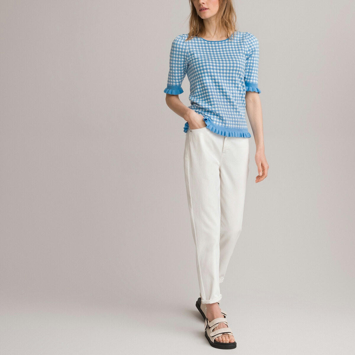 Pull col rond en fine maille motif vichy
