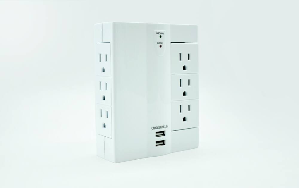 NOMA 6-Outlet Extender Wall Tap with Surge Protector, 1000 Joules, 2 USB Ports, Swivel Side, White