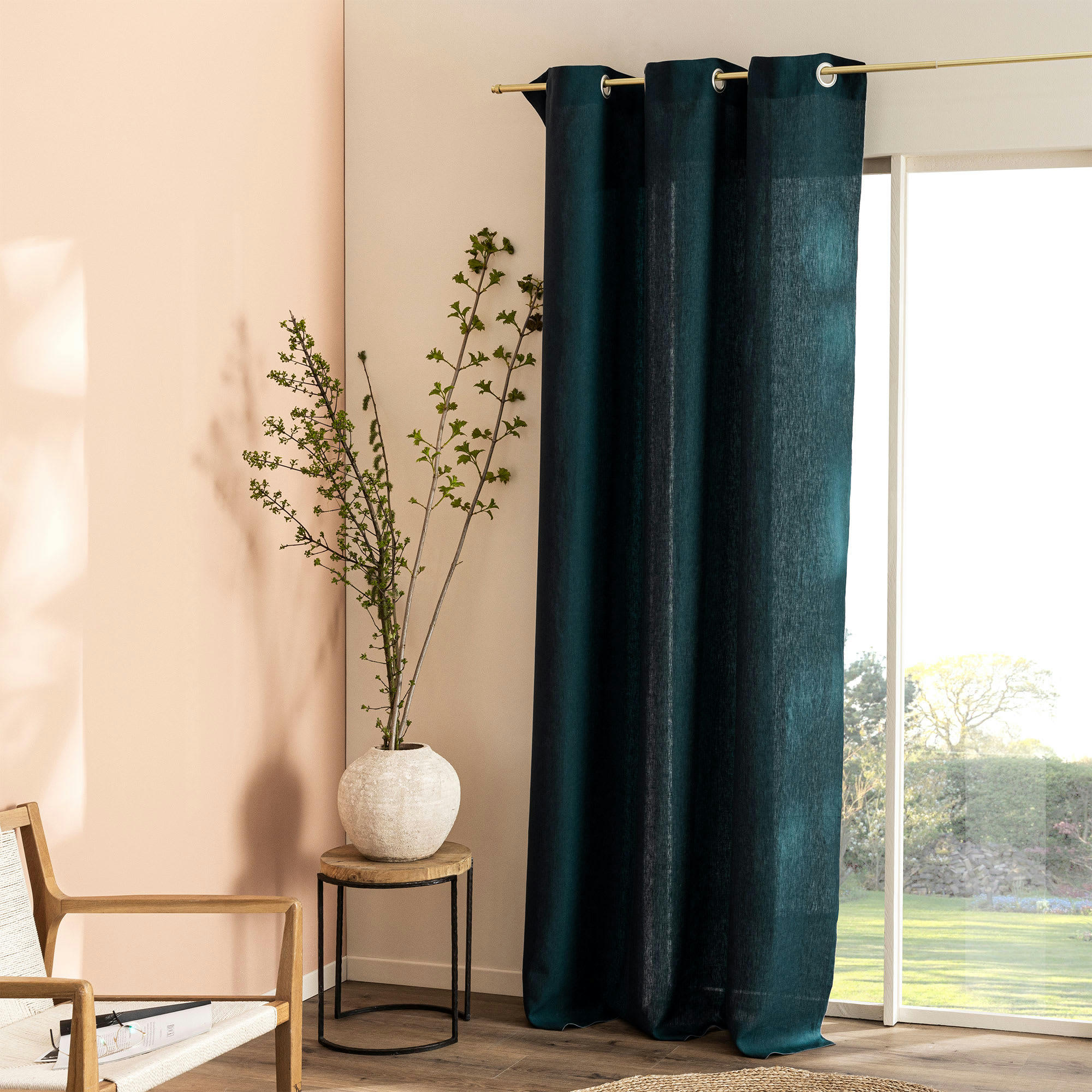 AUTOUR DU LIN - Rideau à œillets en pur lin lavé  150x350cm Vert Paon