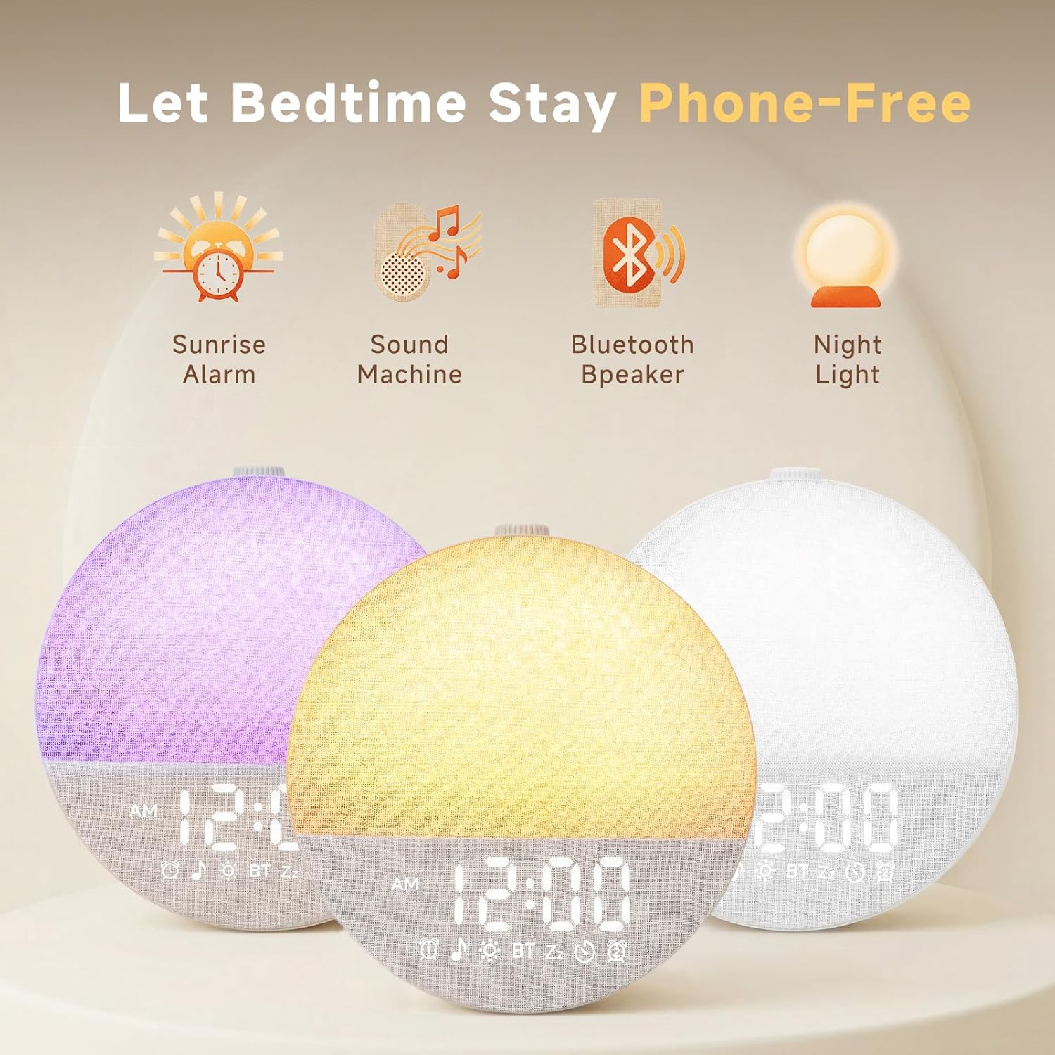 Geuuap Sunrise Alarm Clock White Noise Machine | Natural Wake-Up Light for Bedroom with 30 Soothing Sleep Aids, Bluetooth Speaker, Dimmable Clock, Screen-Free Design for Baby Adults Kids-Khaki