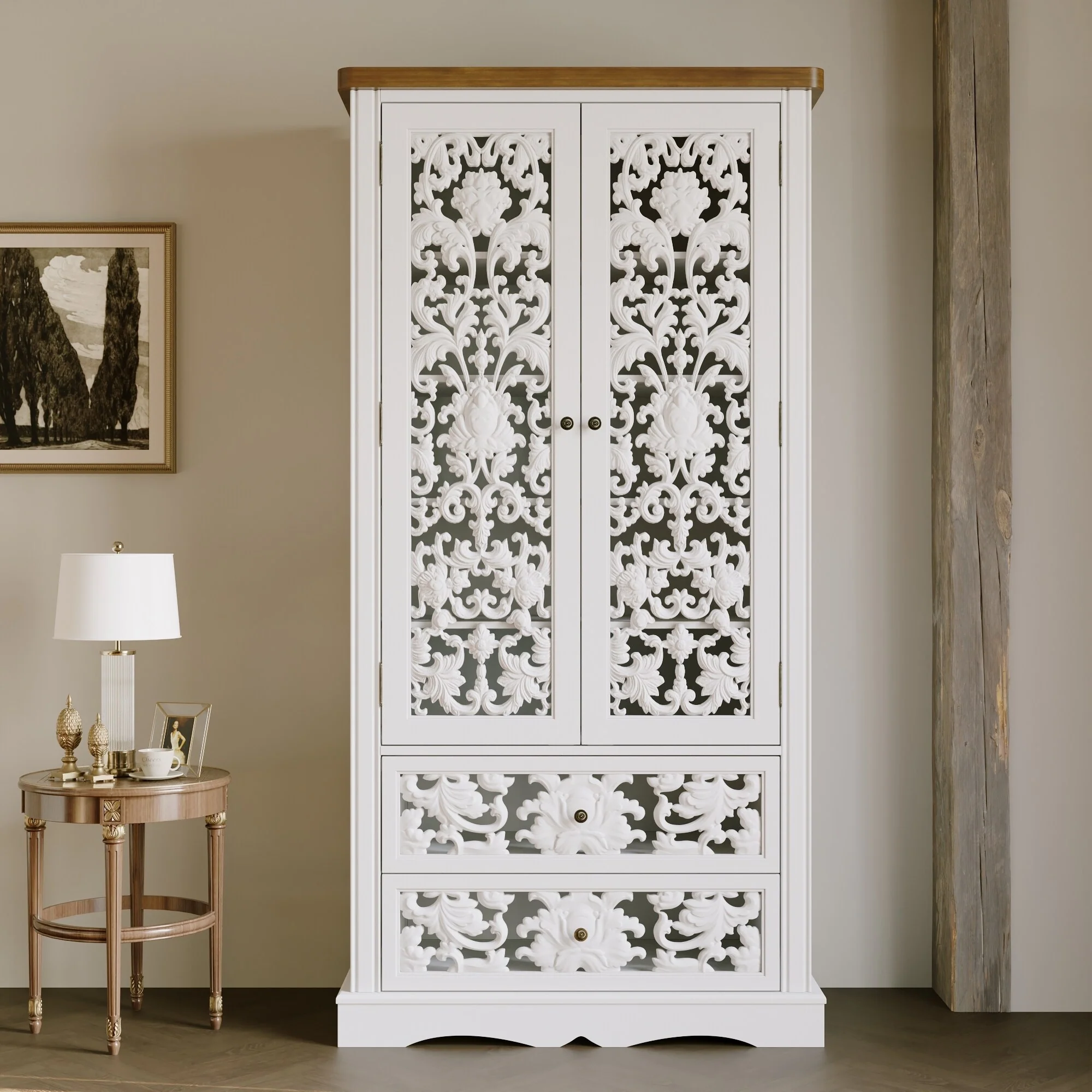 Vintage Carved White Storage Cabinet Accent Cabinet Bookshelves Curio Cabinet