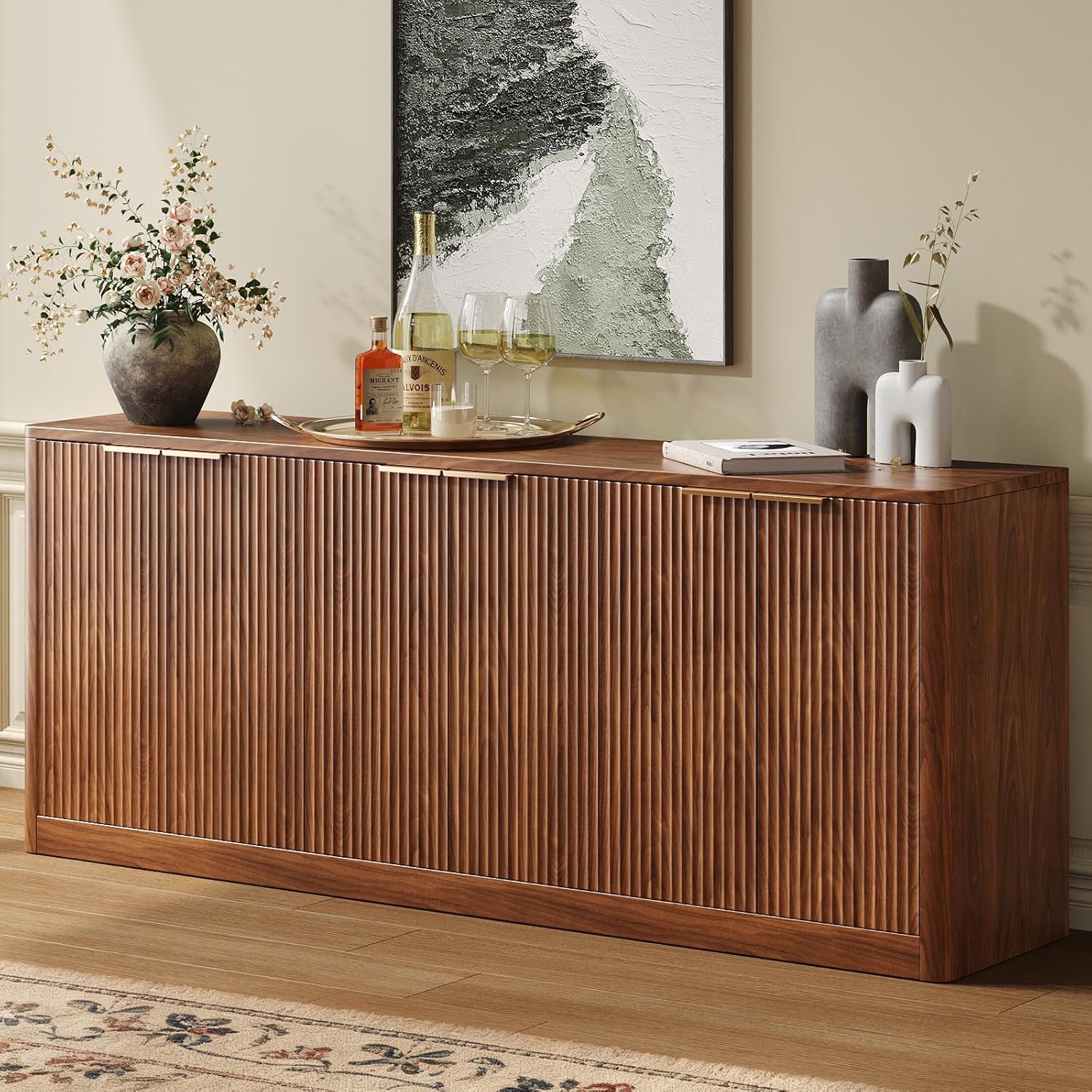 Evermagin 67 Fluted Walnut Buffet Cabinet Sideboard with Storage, Large Credenza with 6 Doors, Wood Mid Century Modern Sideboard for Kitchen and Living Room (67 W*31.5 H*15.7 D)