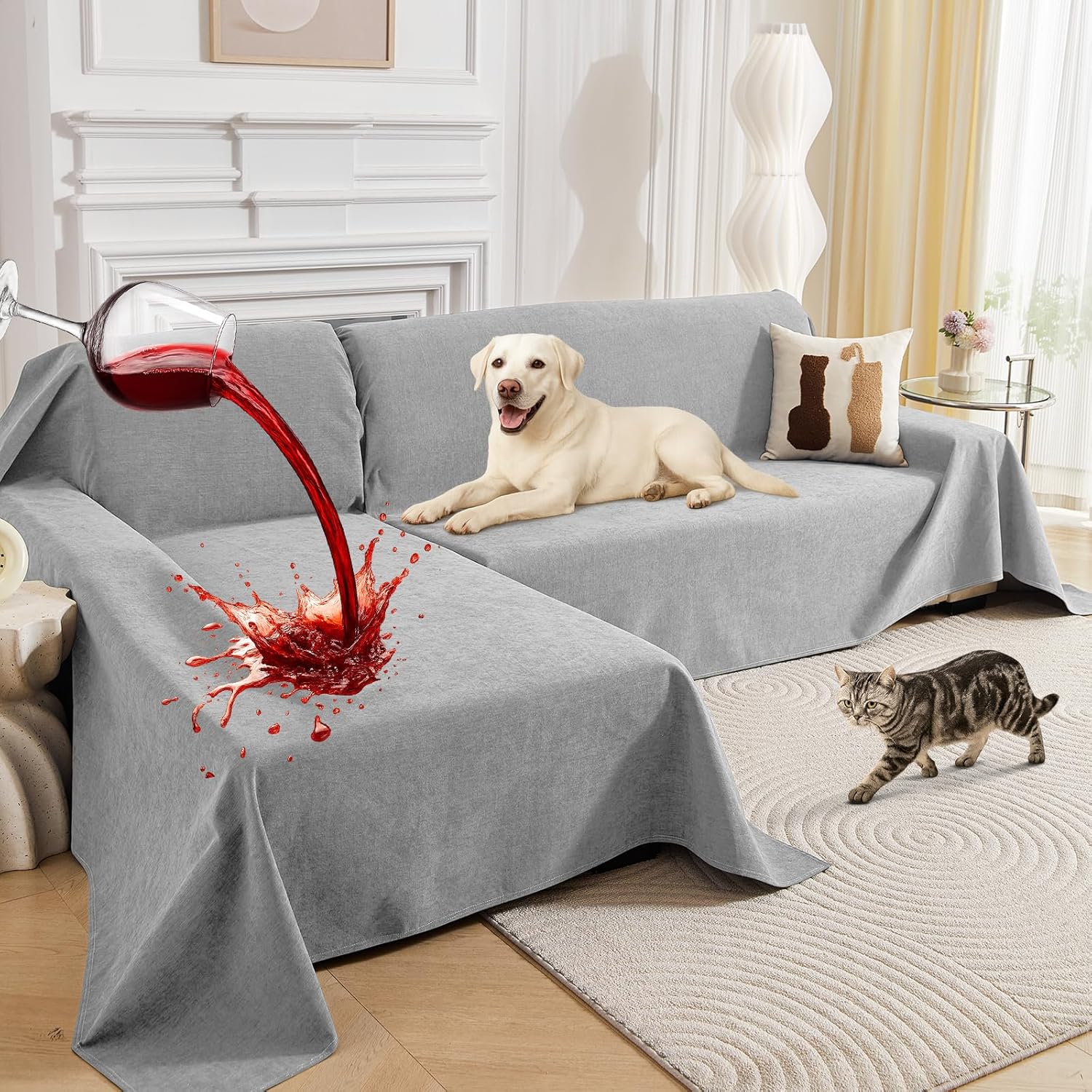 Deep Dream Sectional Couch Covers, 2 Pieces 100% Waterproof L Shaped Sofa Cover, Non Slip Couch Cover for Dogs Cats Washable, Pet Friendly Sofa Slipcovers Furniture Protector (XX-Large, Light Grey)